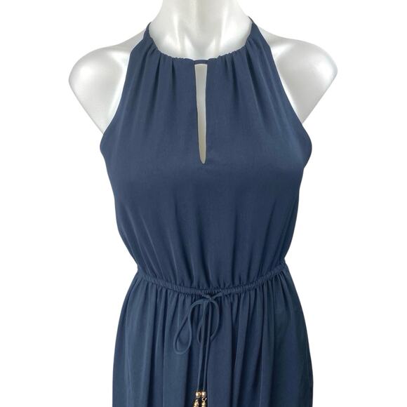 H&M Navy Blue Sleeveless High Neck Tie Waist Keyhole Blouson Maxi Dress Size 0 - Picture 3 of 5